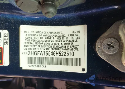 2006 Honda Civic Lx z USA, uszkodzony, nr VIN 2HGFA16546H522510